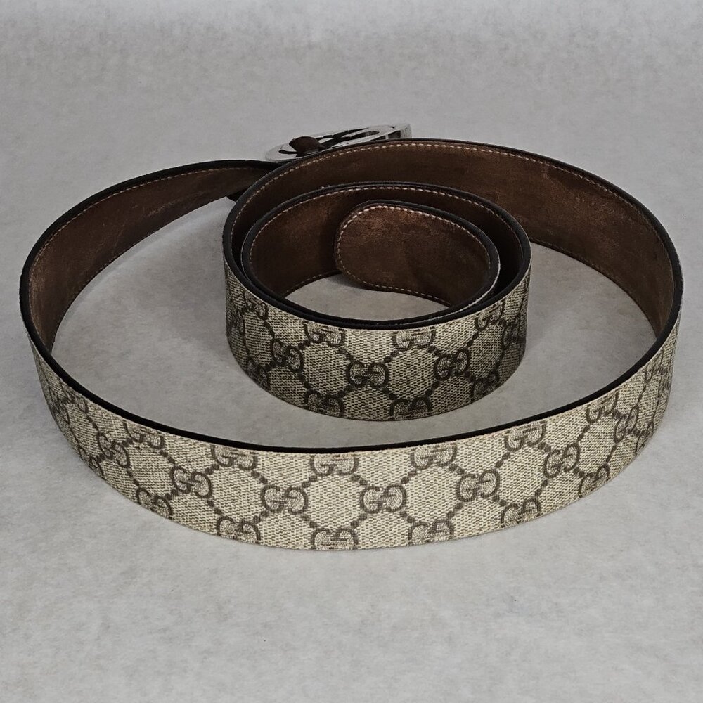Men's Gucci Supreme GG Canvas Leather Belt 51 Inches Long 1.5" Wide 1 Tear - Picture 4 of 12